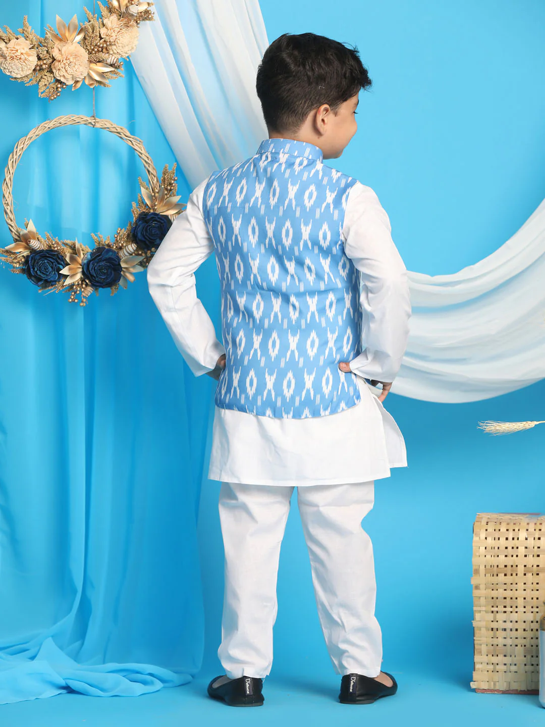Boy's' Aqua Nehru Jacket With White Cotton Kurta Pyjama Set - Image 3