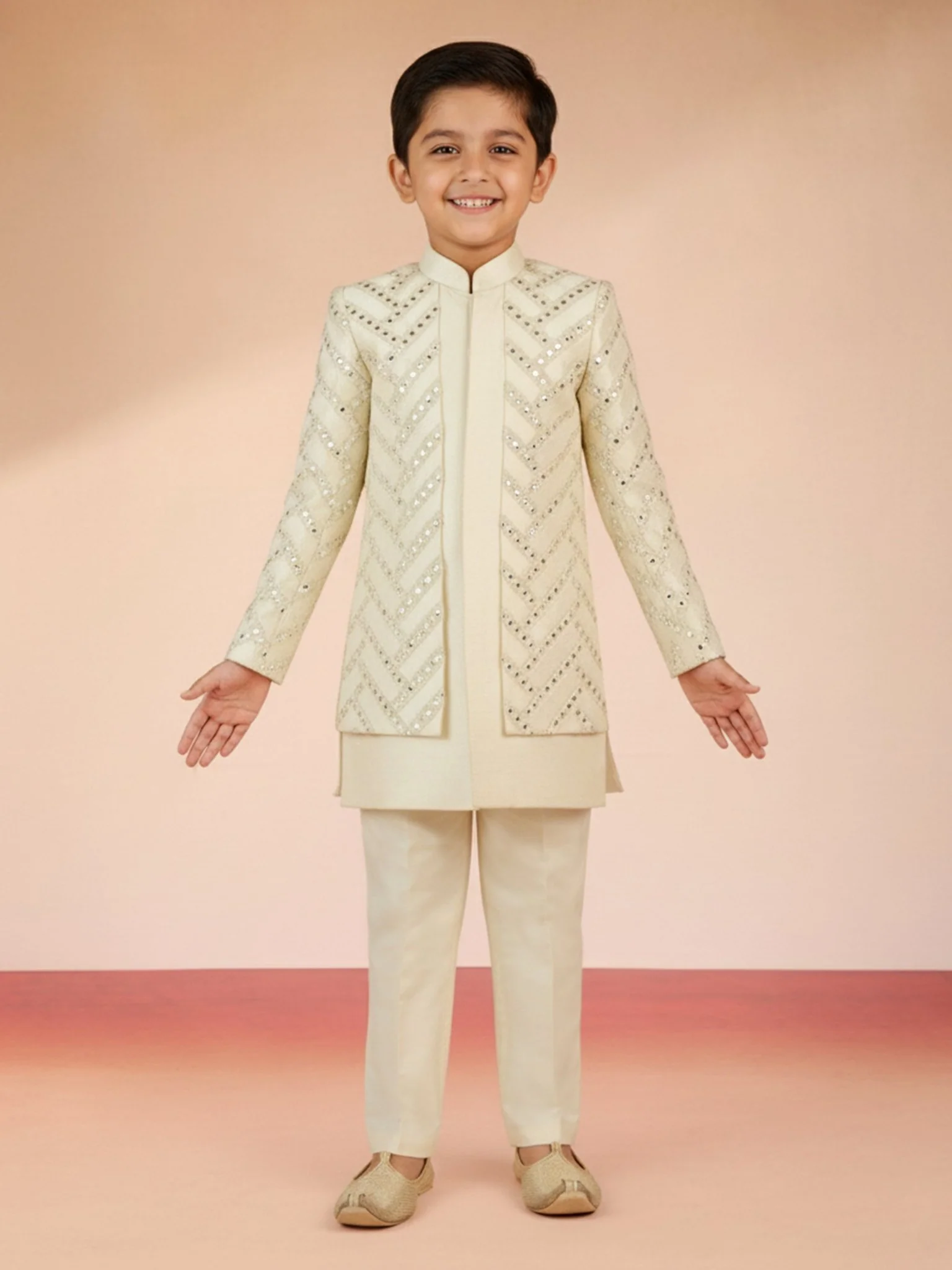 Boy's Cream Silk Blend Sherwani Set - Image 3