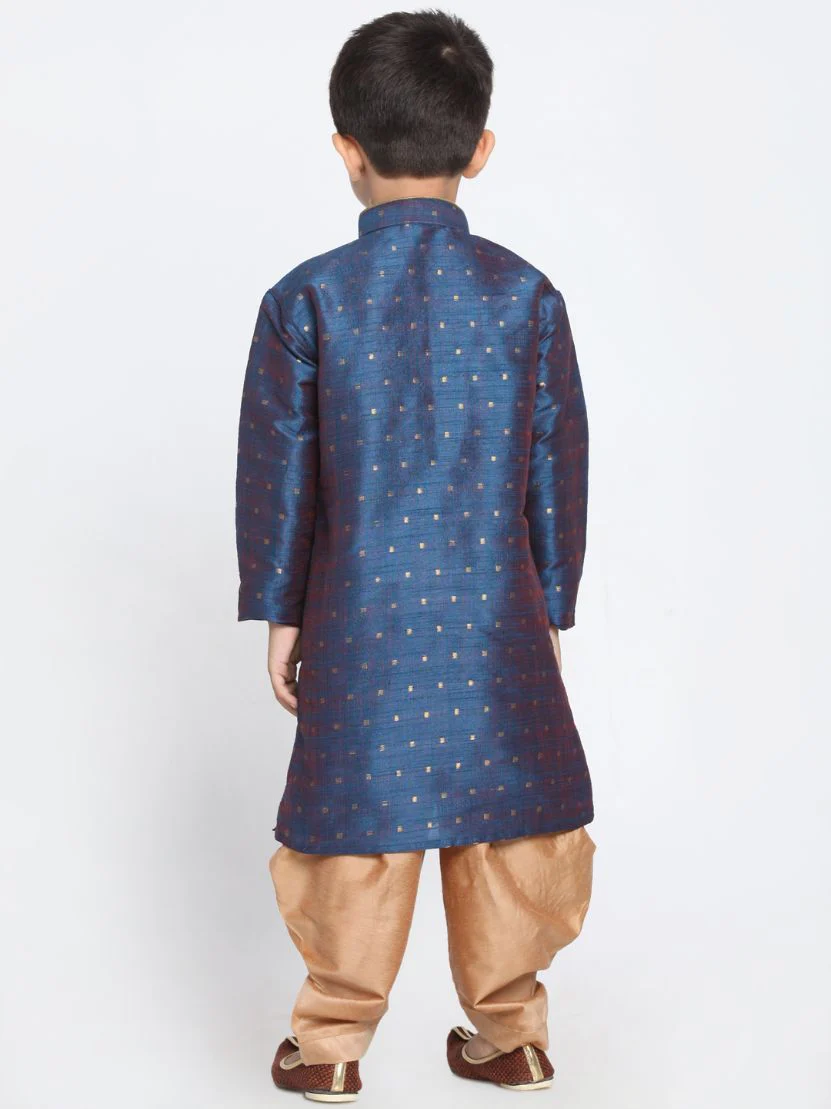 VASTRAMAY Boys' Deep Blue Cotton Silk Blend Kurta and Rose Gold Dhoti Pant Set - Image 4