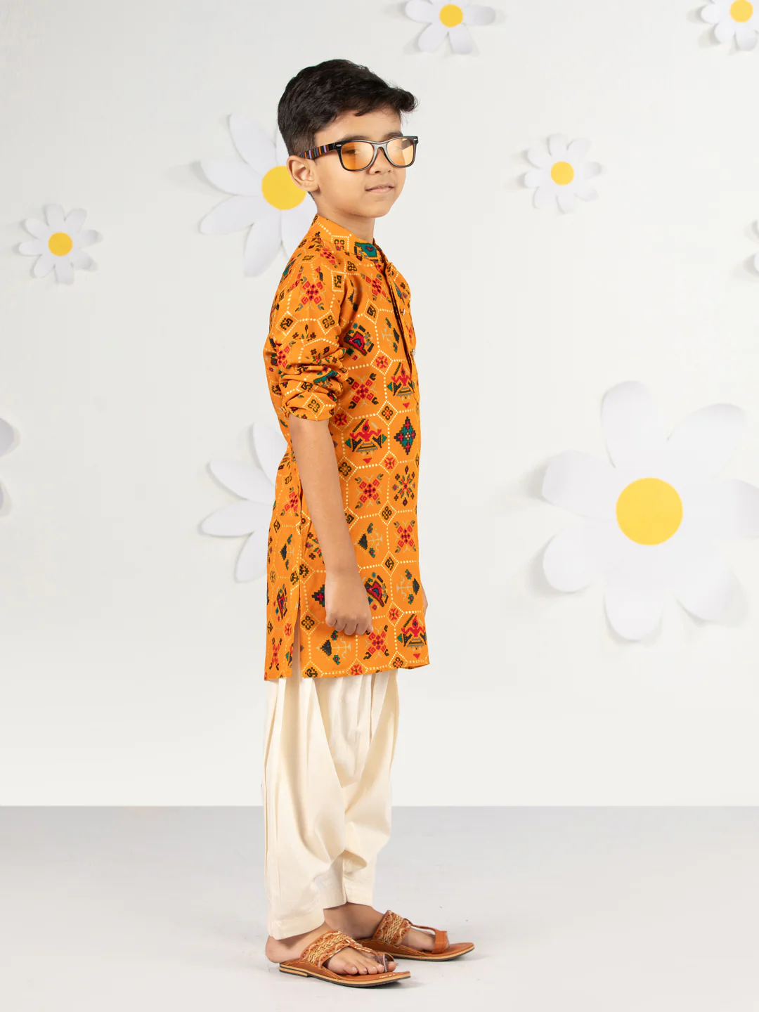 Boy's Mustard Kurta Patiala Set Foil Print - Image 4