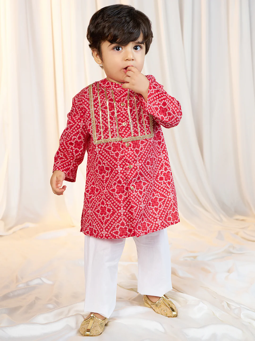 Boys Red Cotton Bandhani Kurta Pyjama Set with Digital Print