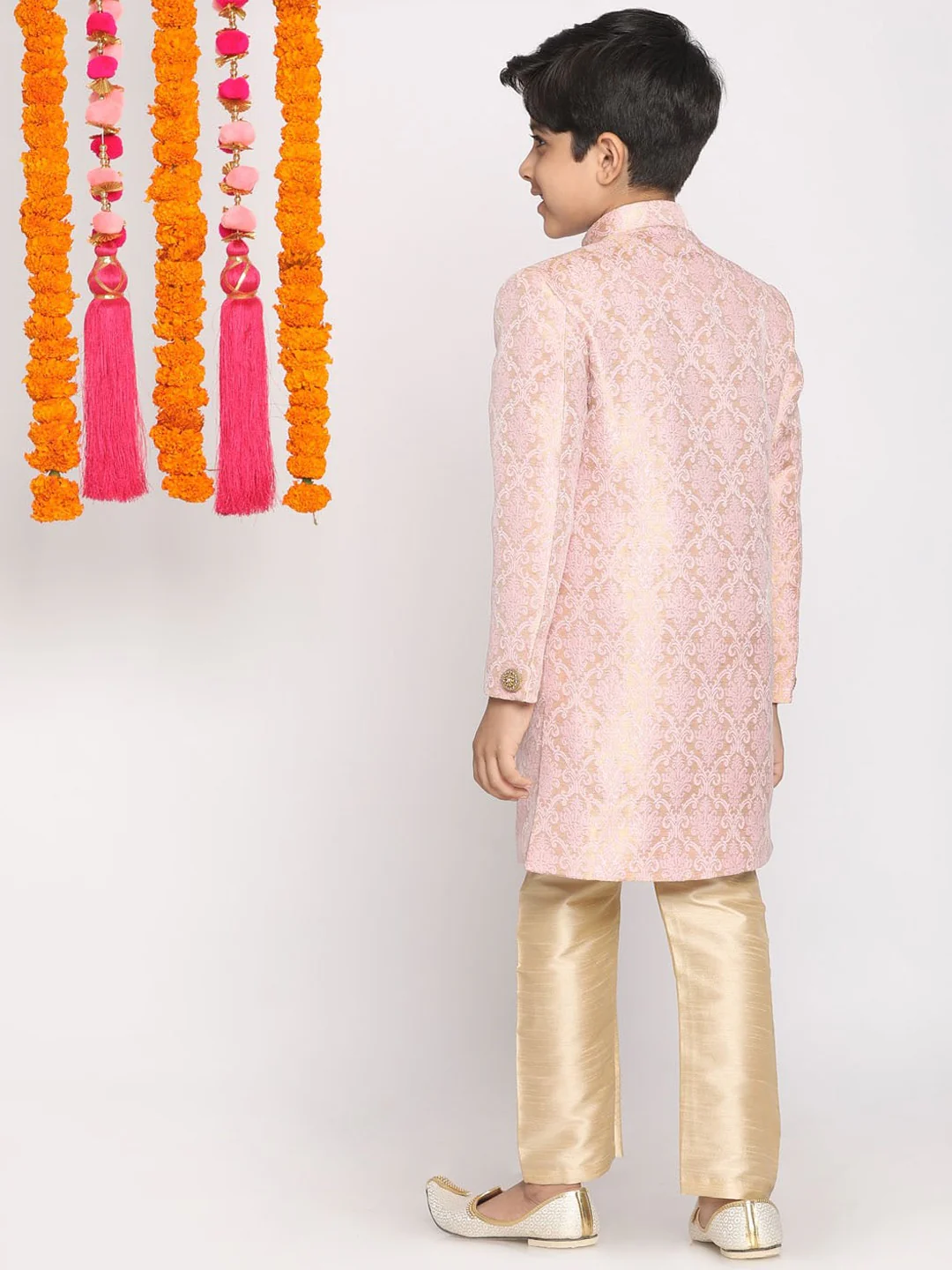 Boy's Pink & Gold-Colored Woven-Design Brocade Slim Fit Sherwani Set - Image 5