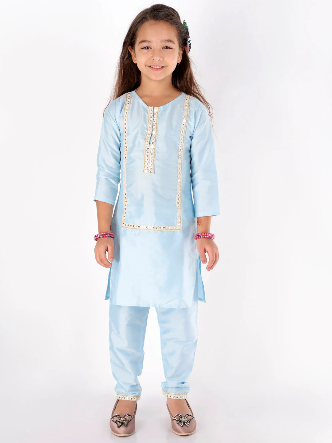 Girl's' Aqua Viscose Kurta Pant Set - Image 2