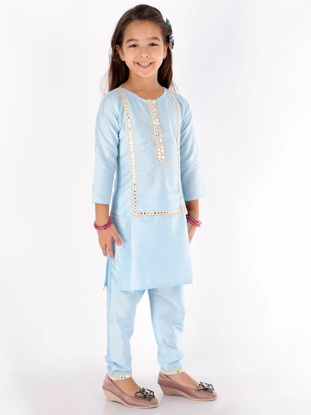 Girl's' Aqua Viscose Kurta Pant Set - Image 3