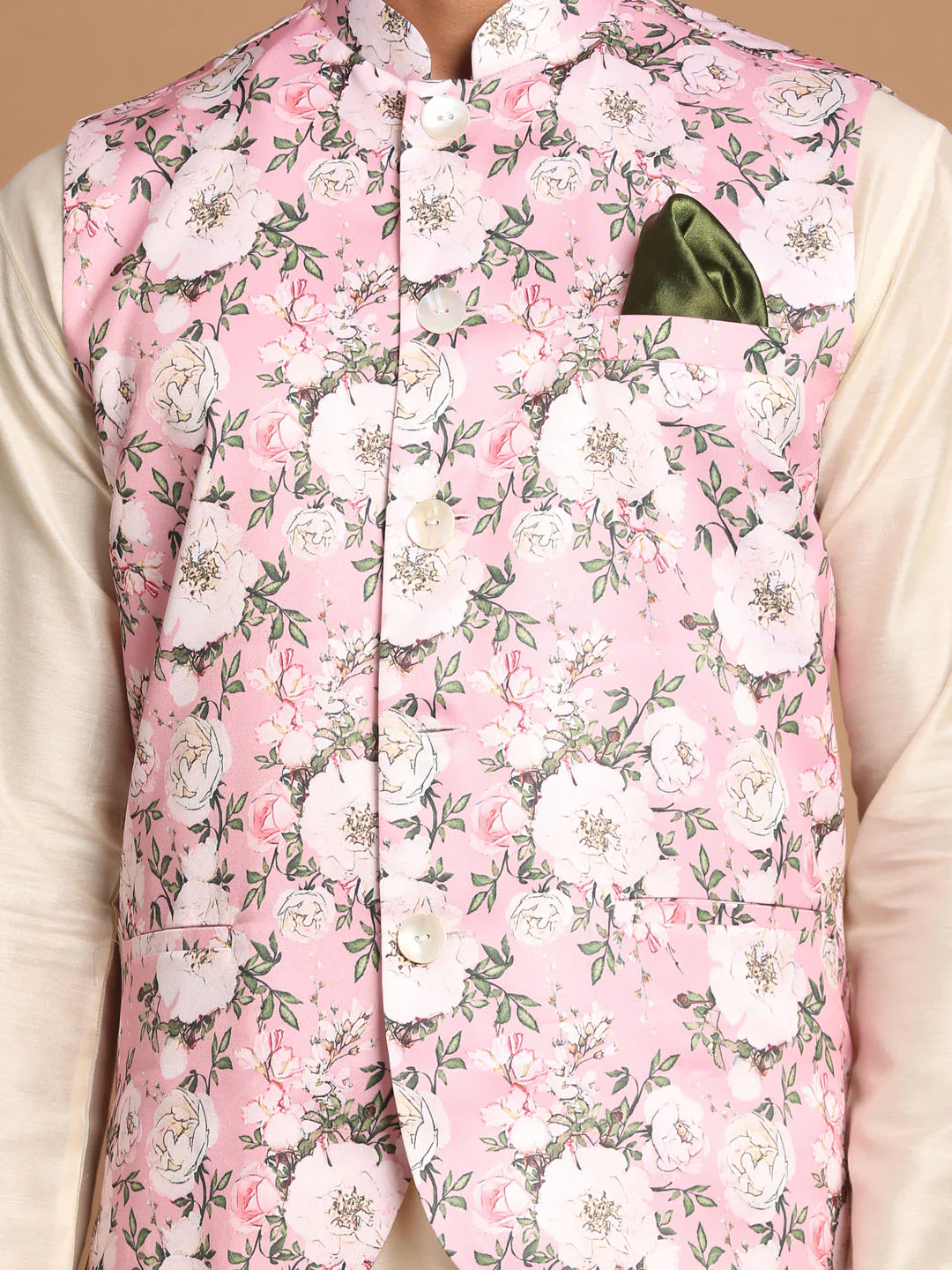 Men's Pink Digital Floral Printed Royal Angrakha Nehru Jacket With Cream Kurta Pyjama Set - Image 4