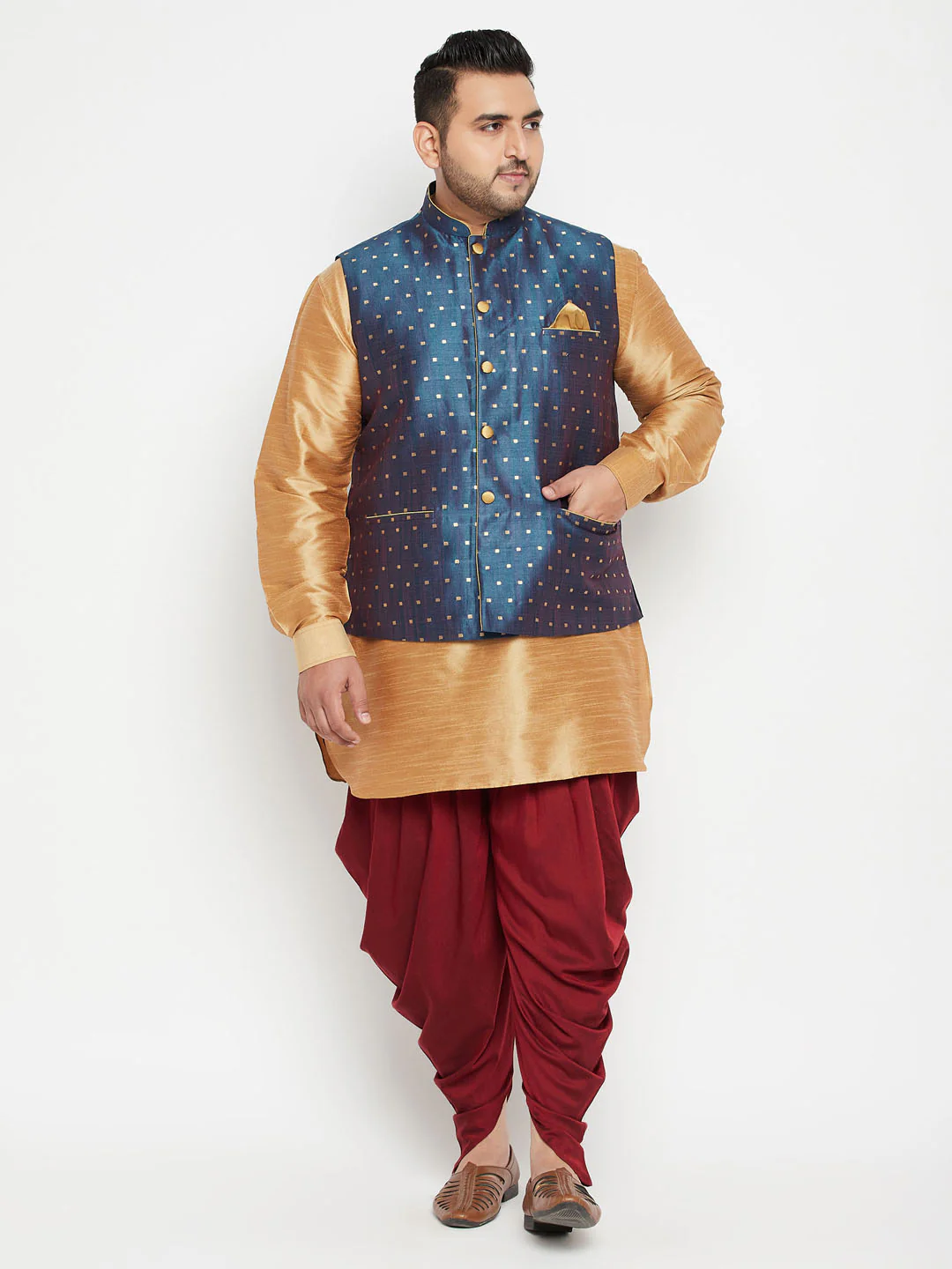 Men's Plus Size Blue Zari Weaved Nehru Jacket - Image 5