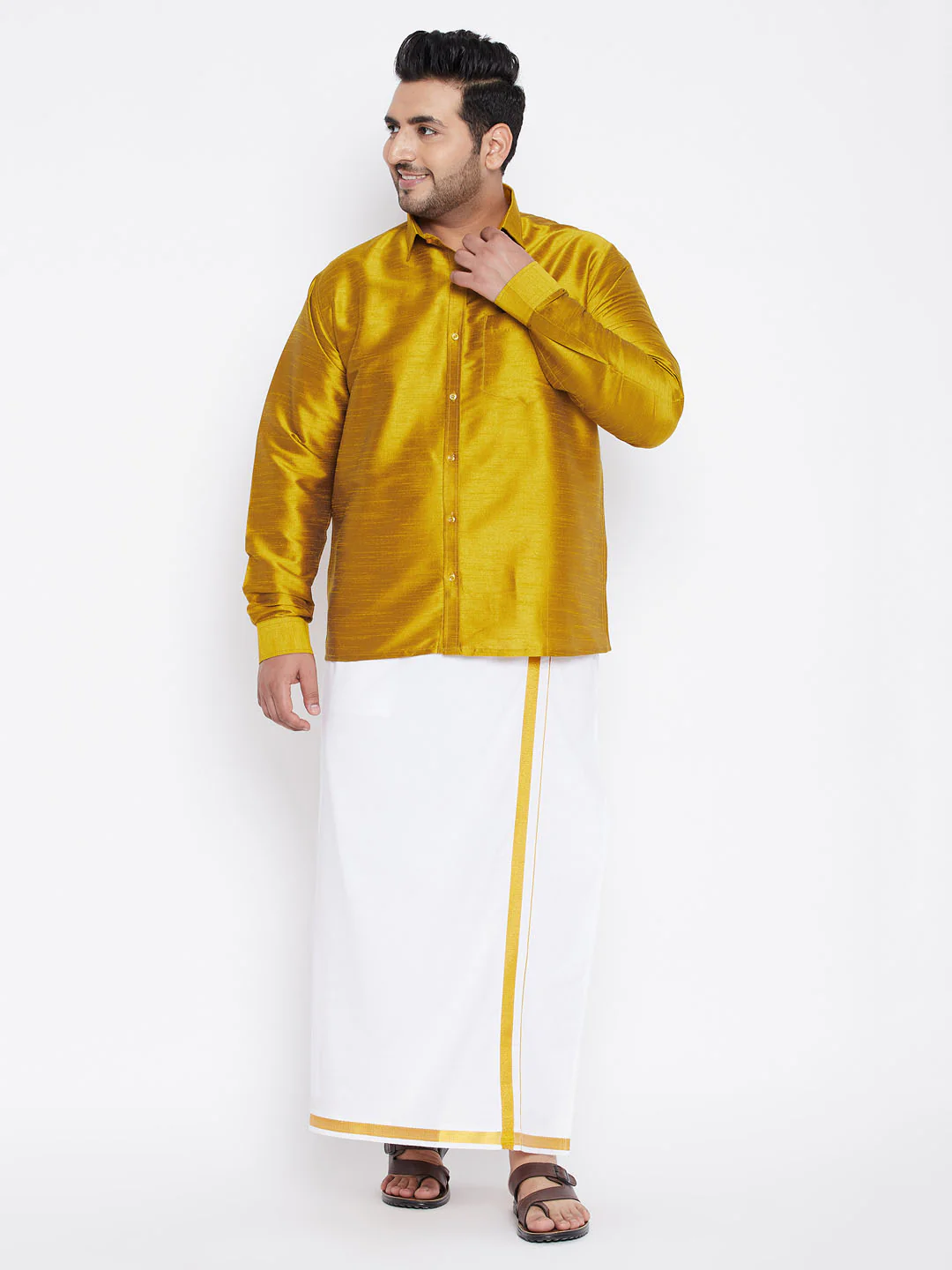 Men's Plus Size Mustard Silk Blend Ethnic Shirt - Image 5