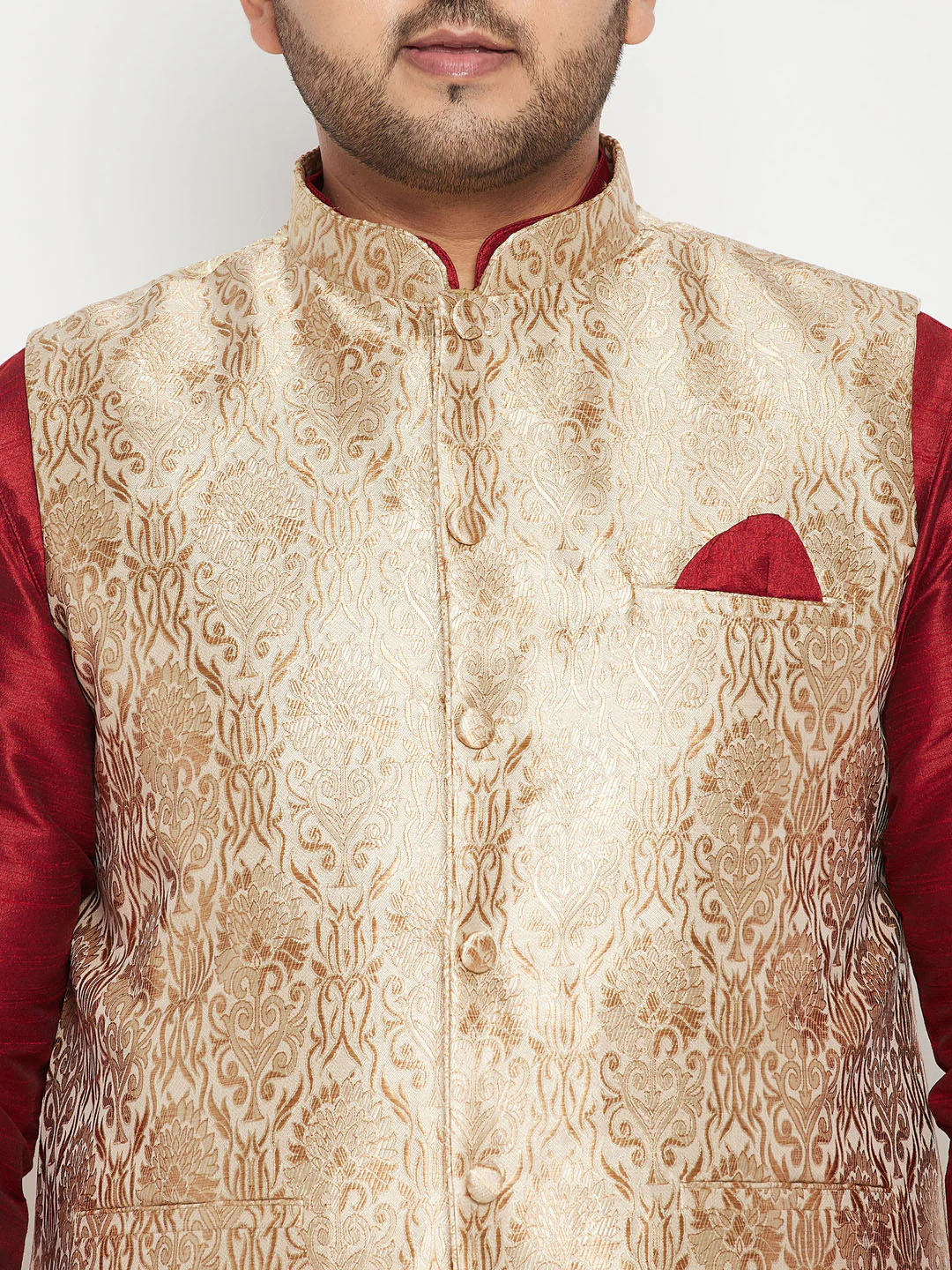 Men's Plus Size Maroon And Rose Gold Brocade Silk Blend Jacket Kurta Pyjama Set - Image 4