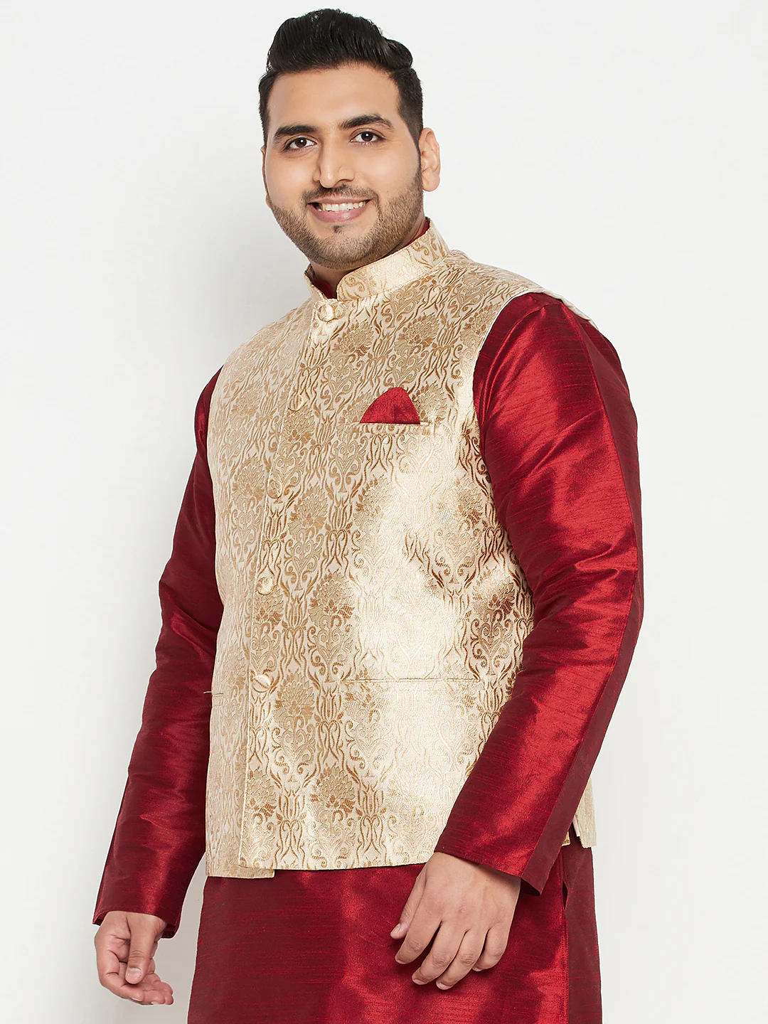 Vastramy Men's Plus Size Rose Gold Brocade Nehru Jacket - Image 2