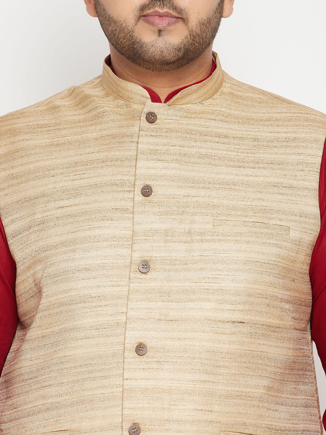 Men's Plus Size Maroon And Beige Cotton Blend Jacket Kurta Pyjama Set - Image 4