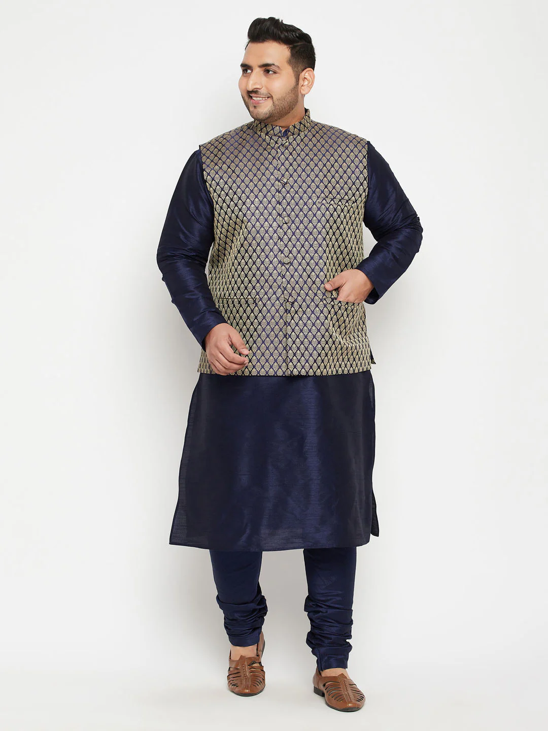Men's Plus Size Navy Blue Woven Silk Blend Jacket Kurta Pyjama Set - Image 7