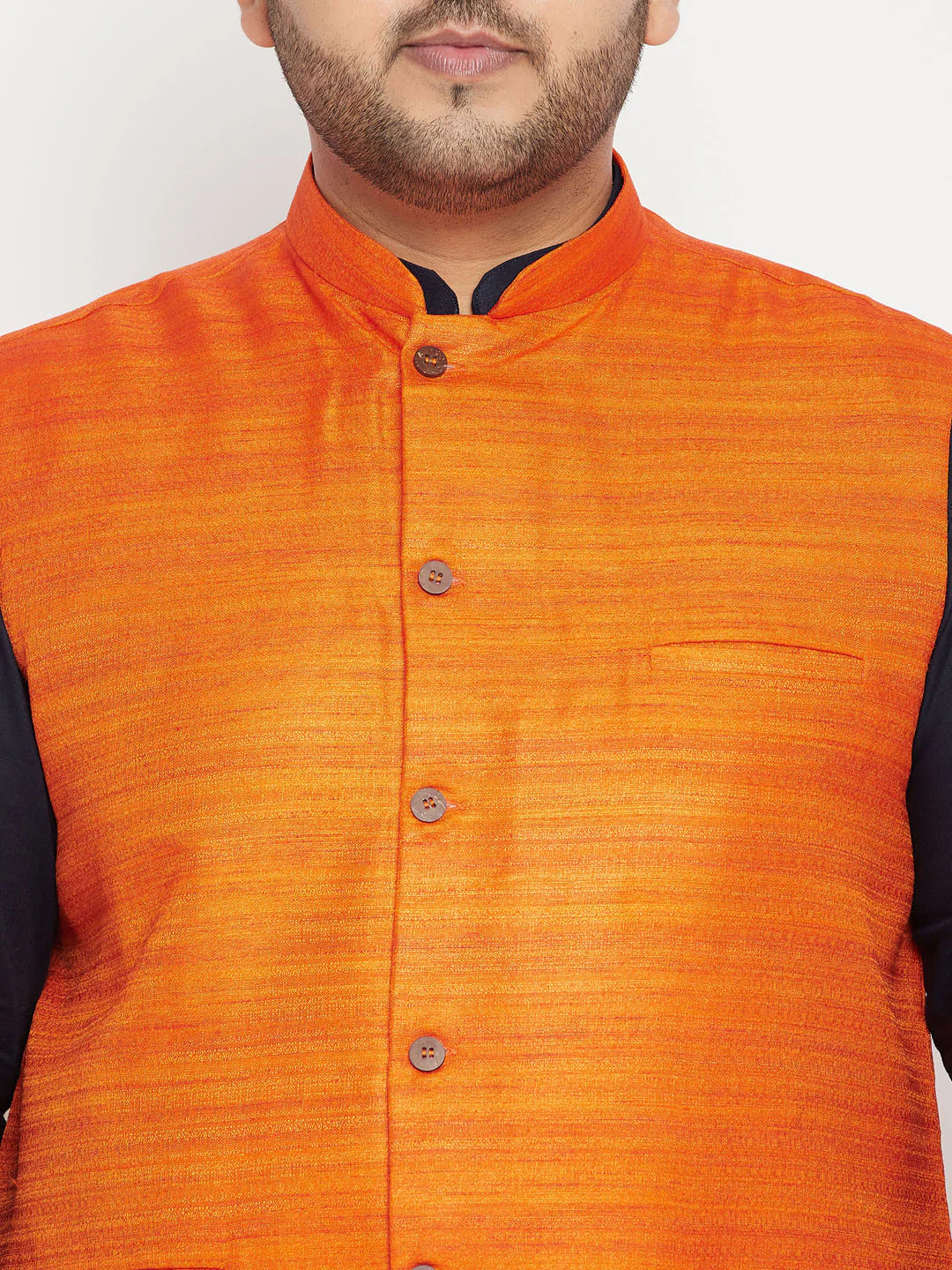 Men's Plus Size Navy Blue And Orange Cotton Blend Jacket Kurta Pyjama Set - Image 4