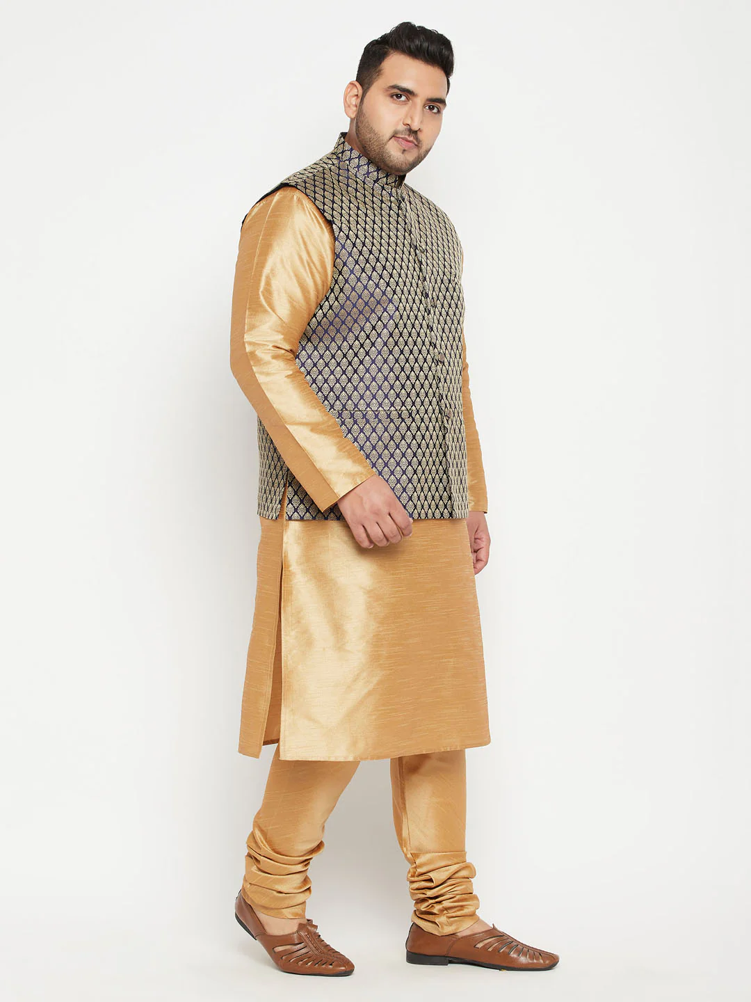 Men's Plus Size Rose Gold And Blue Woven Silk Blend Jacket Kurta Pyjama Set - Image 2
