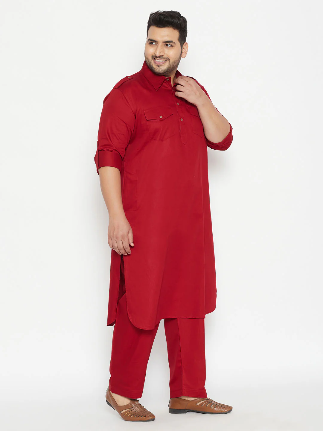 Men's Plus Size Maroon Cotton Blend Pathani Set - Image 2