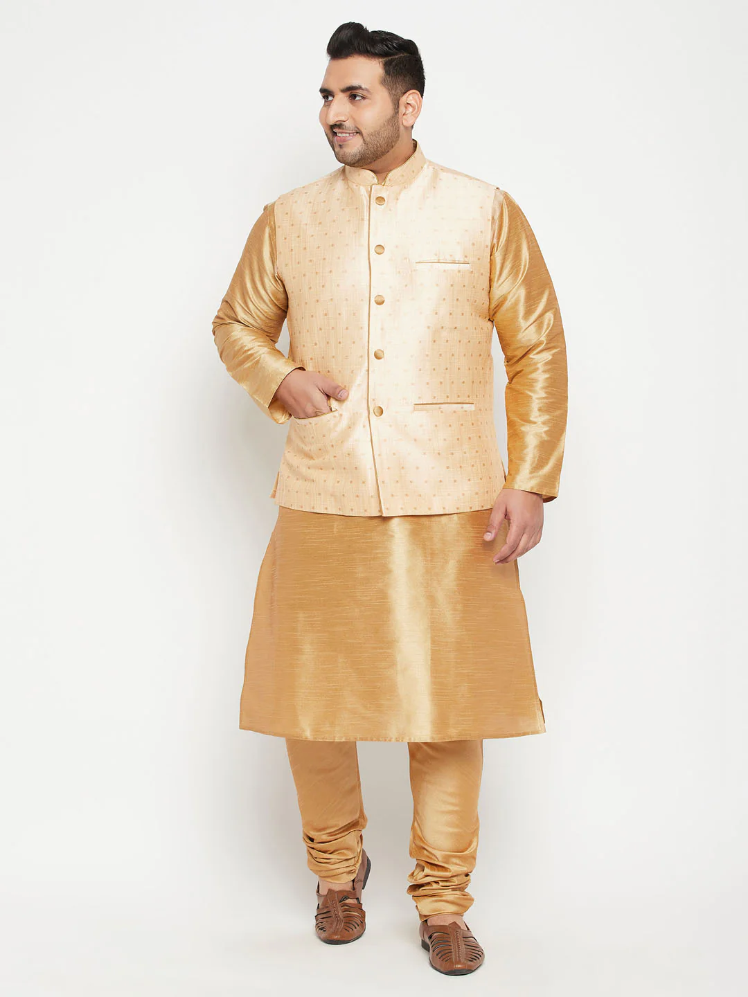 Men's Plus Size Gold Zari Weaved Nehru Jacket With Kurta Pyjama Set - Image 7