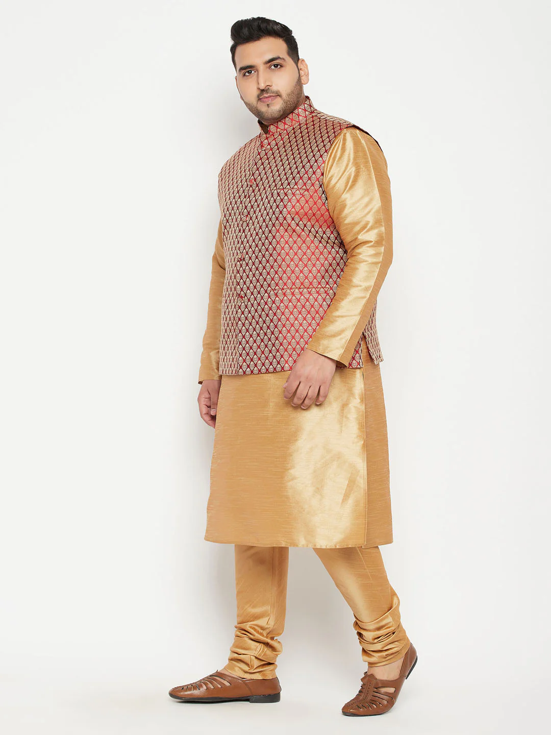Men's Plus Size Rose Gold And Maroon Woven Silk Blend Jacket Kurta Pyjama Set - Image 7