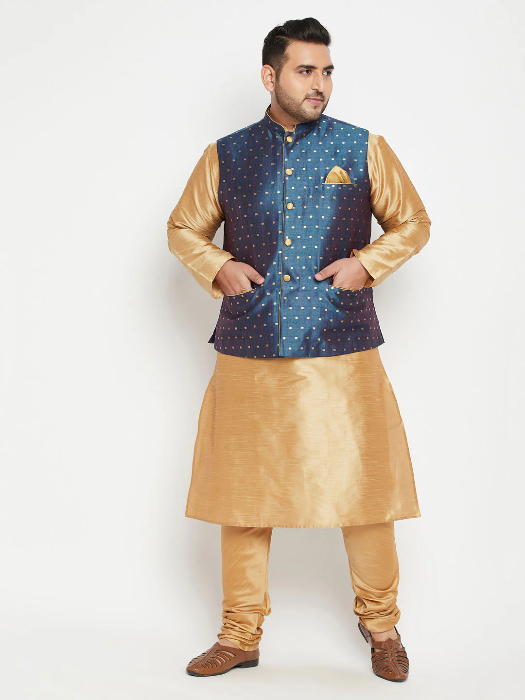 Men's Plus Size Blue Zari Weaved Nehru Jacket With Kurta Pyjama Set