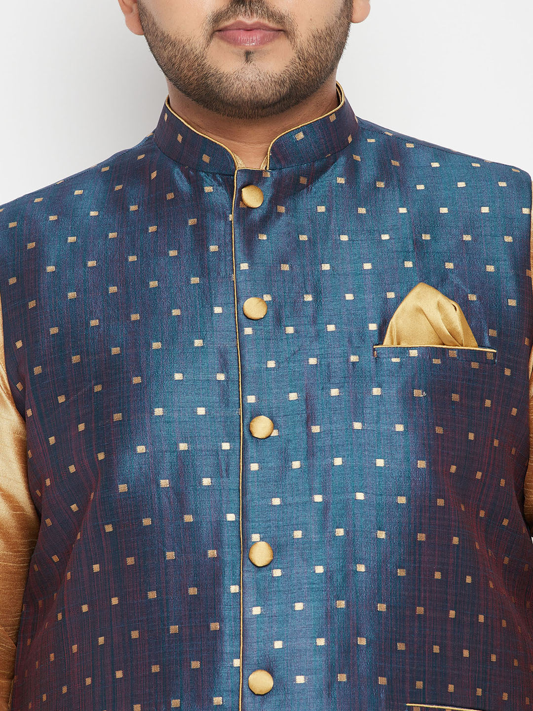Men's Plus Size Blue Zari Weaved Nehru Jacket With Kurta Pyjama Set - Image 4