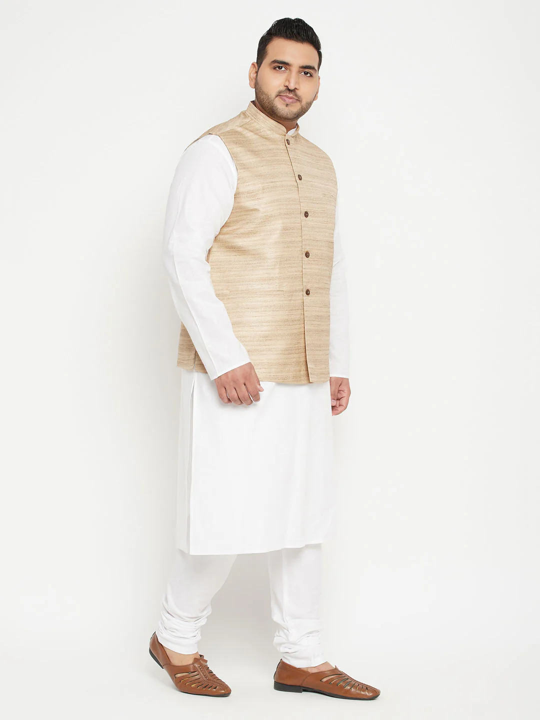 Men's Plus Size White And Beige Cotton Blend Jacket Kurta Pyjama Set - Image 2