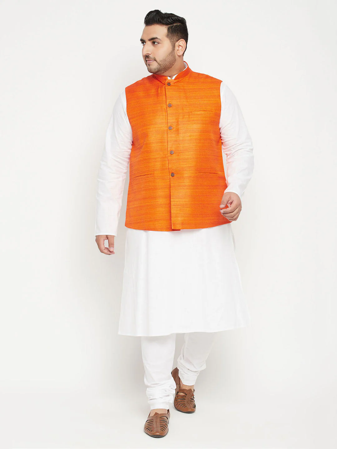 Men's Plus Size White And Orange Cotton Blend Jacket Kurta Pyjama Set - Image 7