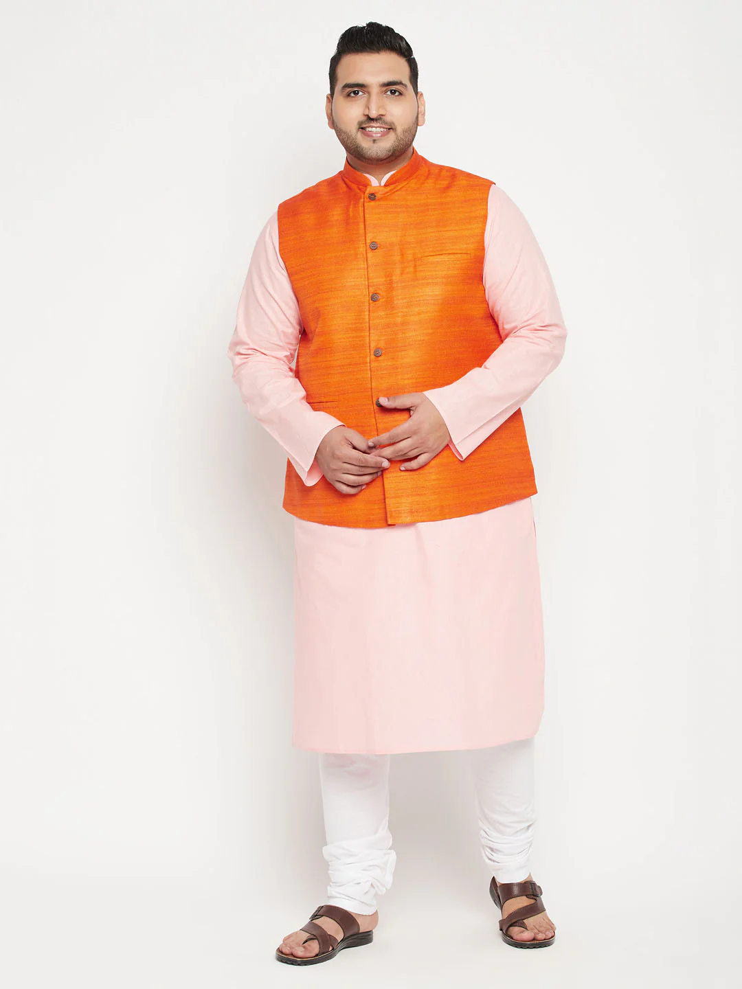 Plus Men's Pink Kurta And White Pyjama With Orange Nehru Jacket Set - Image 6