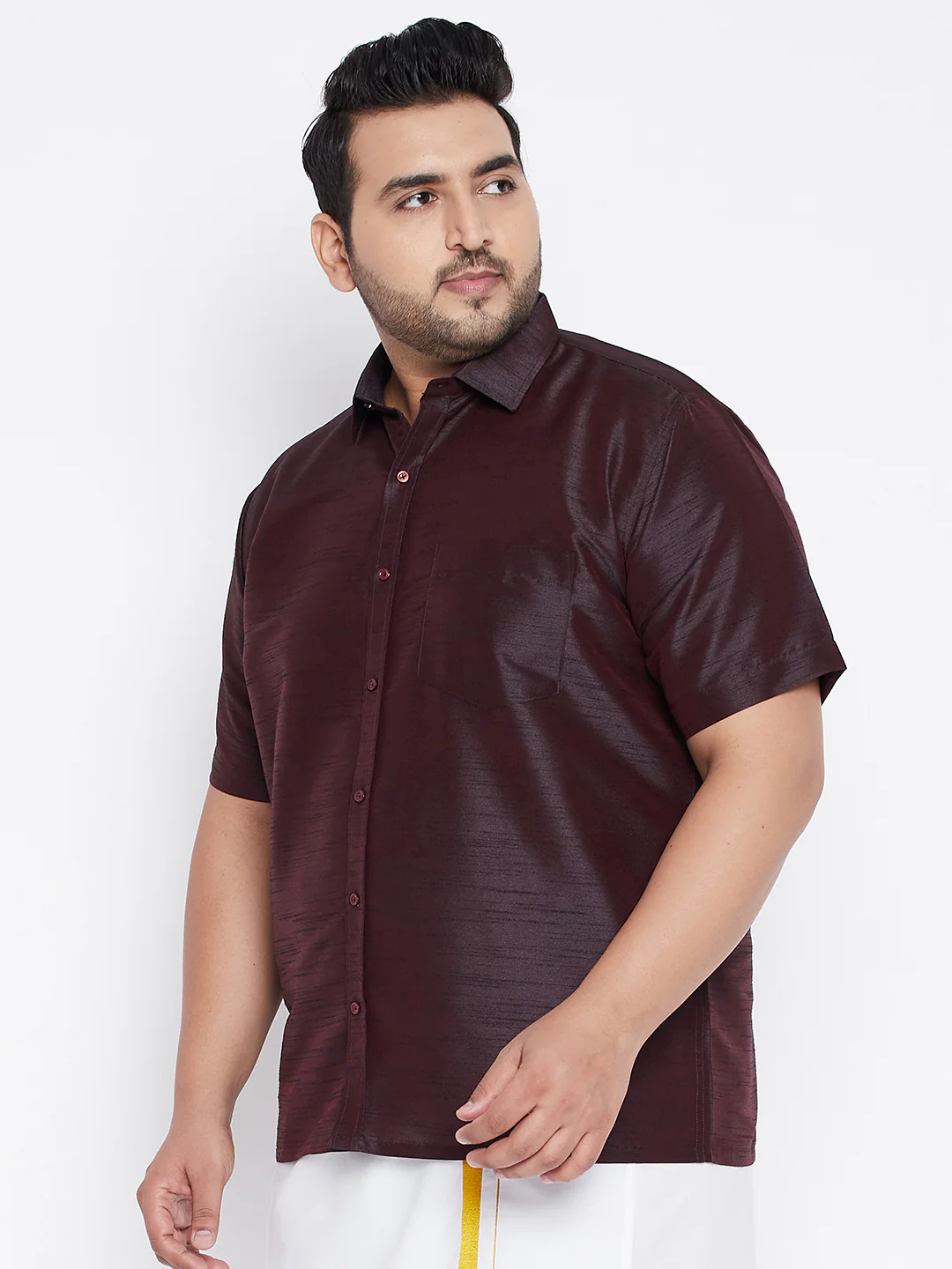 Men's Plus Size Wine Silk Blend Ethnic Shirt - Image 2