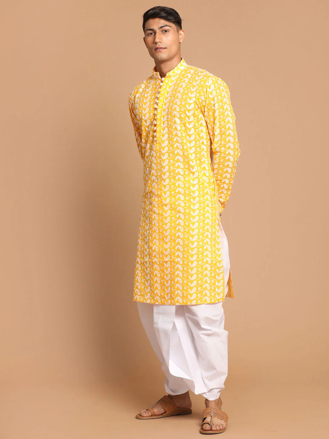 Men's Orange Pure Cotton Chikankari Kurta With Dhoti Set - Image 2