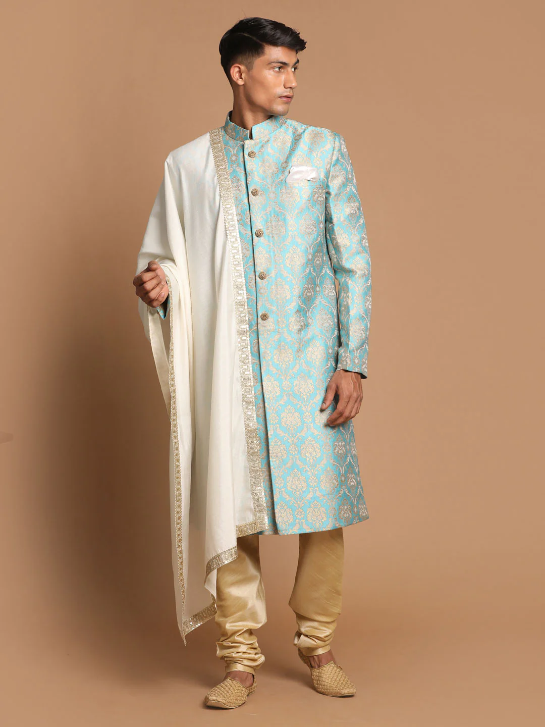Men's Sea Green And Gold Brocade Jacquard Sherwani Set With Cream Dupatta - Image 2