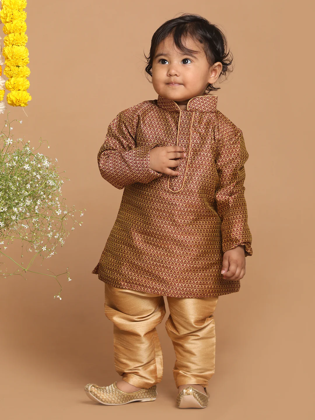 Sishu Boy's Maroon Woven Design Kurta With Rose Gold Pyjama Set