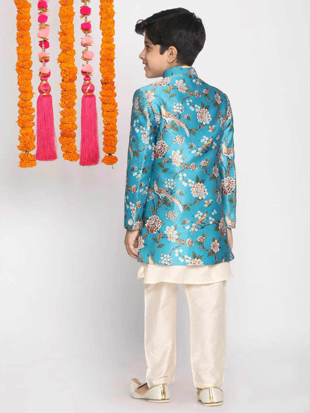 Boy's' Multicolored-Base-Turquoise Indowestern Set - Image 3