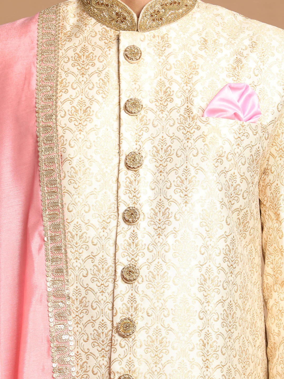 Men's Beige And Gold Embroidered Brocade Sherwani Set With Pink Dupatta - Image 4