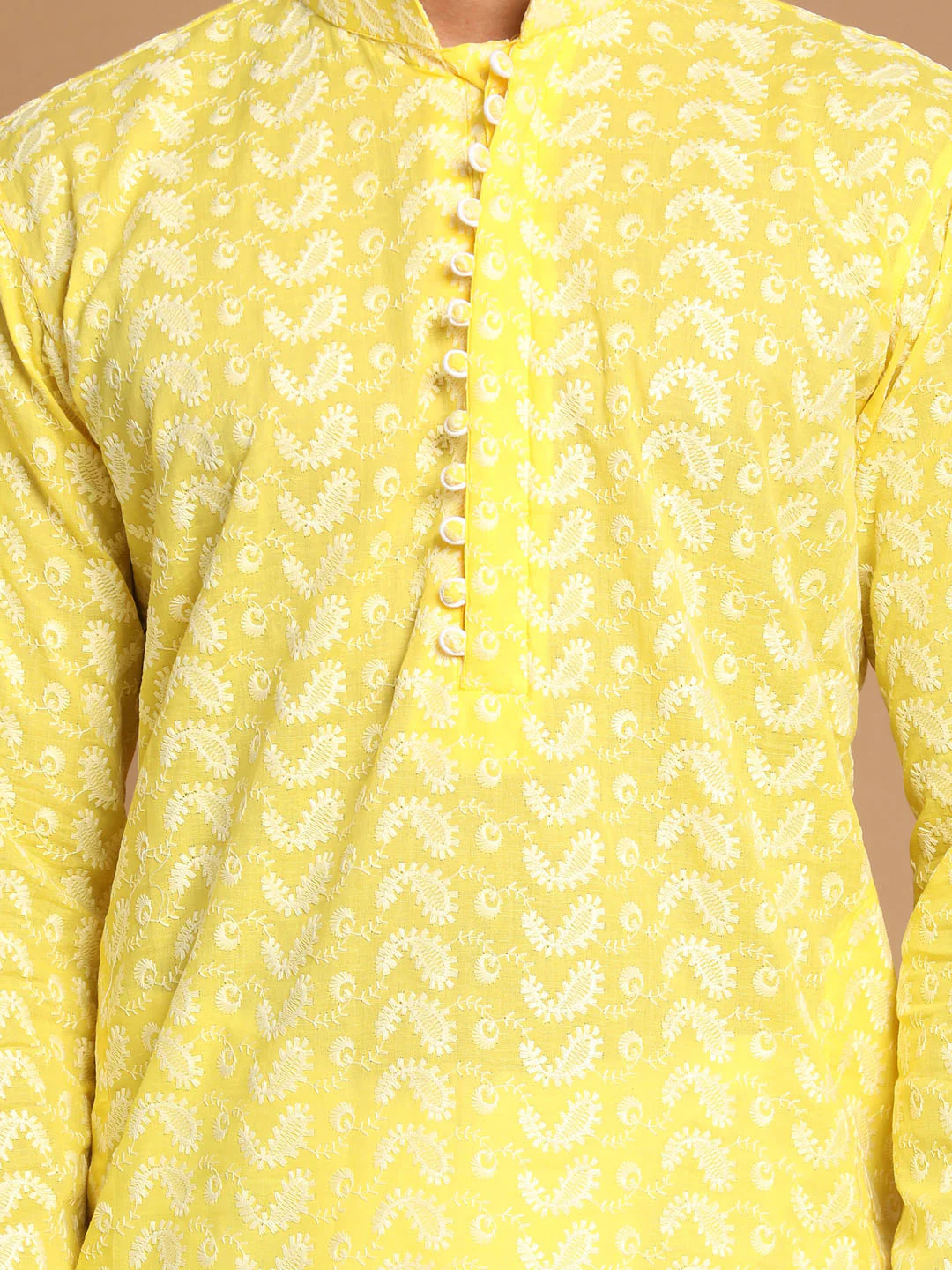 Men's Mustard Pure Cotton Chikankari Kurta With Dhoti Set - Image 4