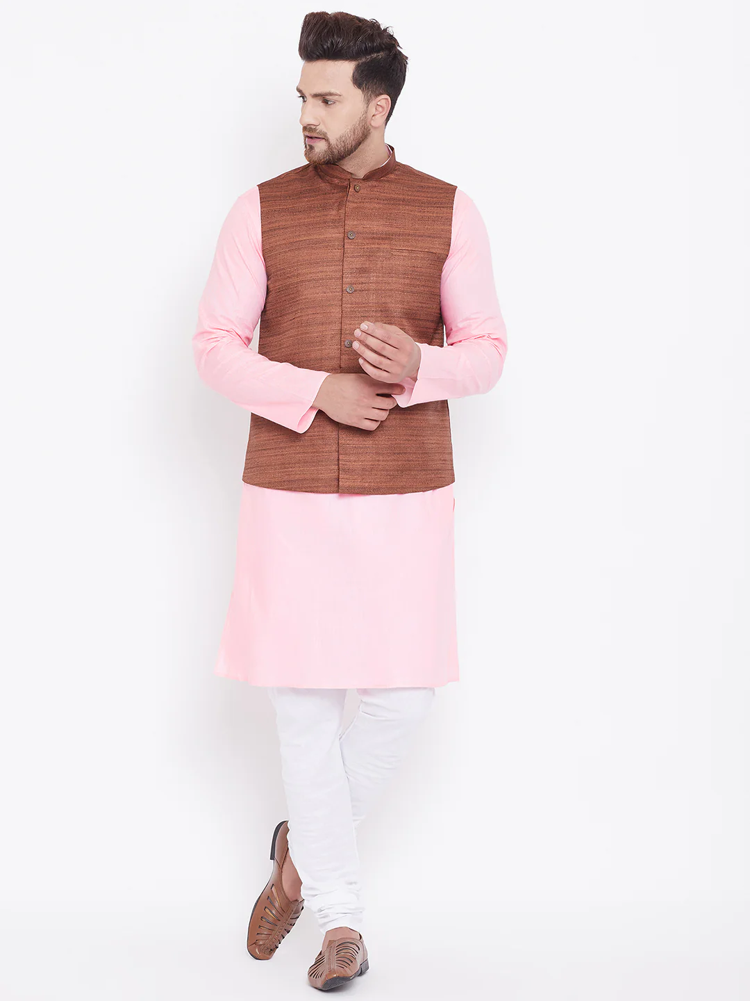 Men's Coffee Brown, Pink And White Cotton Blend Jacket, Kurta And Pyjama Set
