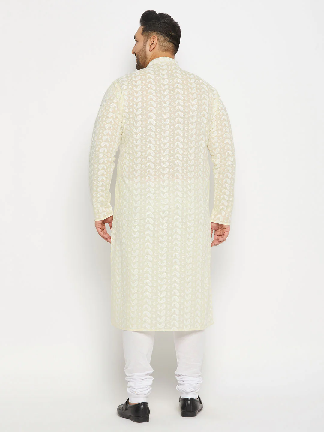 Men's Plus Size Yellow Chikankari Embroidered Kurta And White Pyjama Set - Image 3