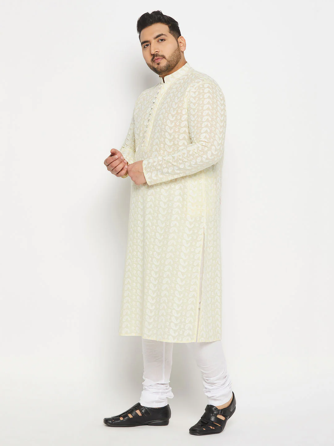 Men's Plus Size Yellow Chikankari Embroidered Kurta And White Pyjama Set - Image 6