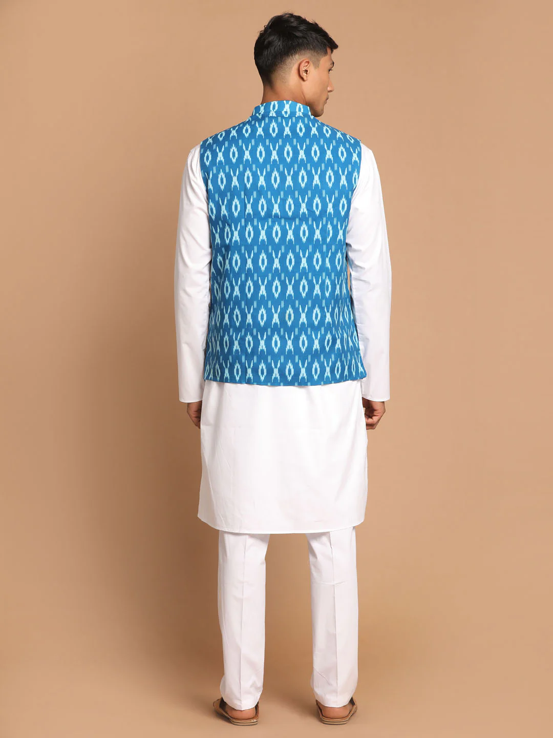 Men's Turquoise Cotton Nehru Jacket With White Kurta And Pant Set - Image 3