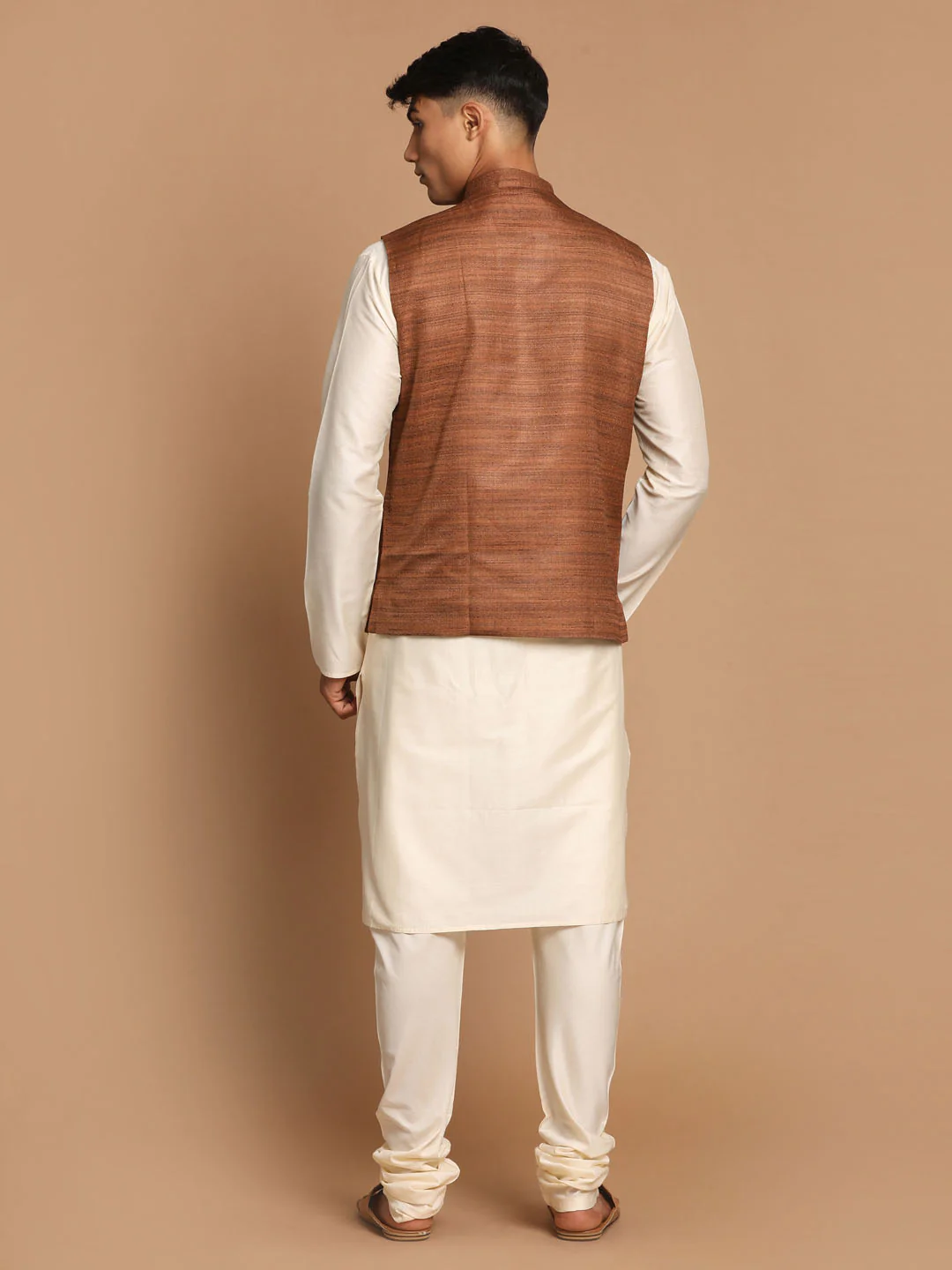 Men's Coffee Brown Nehru Jacket With Cream Solid Kurta And Pyjama Set - Image 3