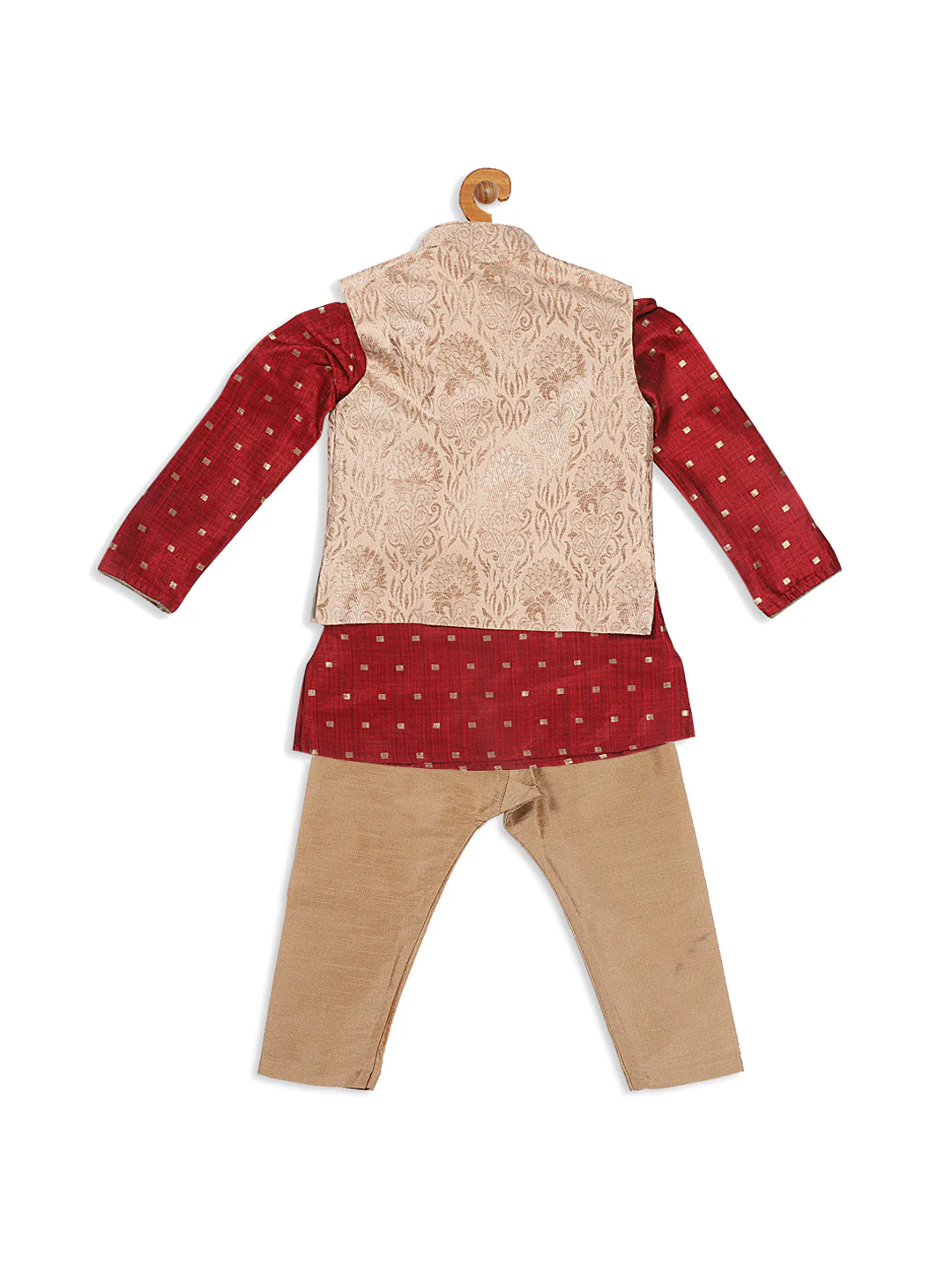 Sishu Boy's Maroon Ethnic Motifs Woven Design Kurta With Rose Gold Pyjama And Jacket - Image 3