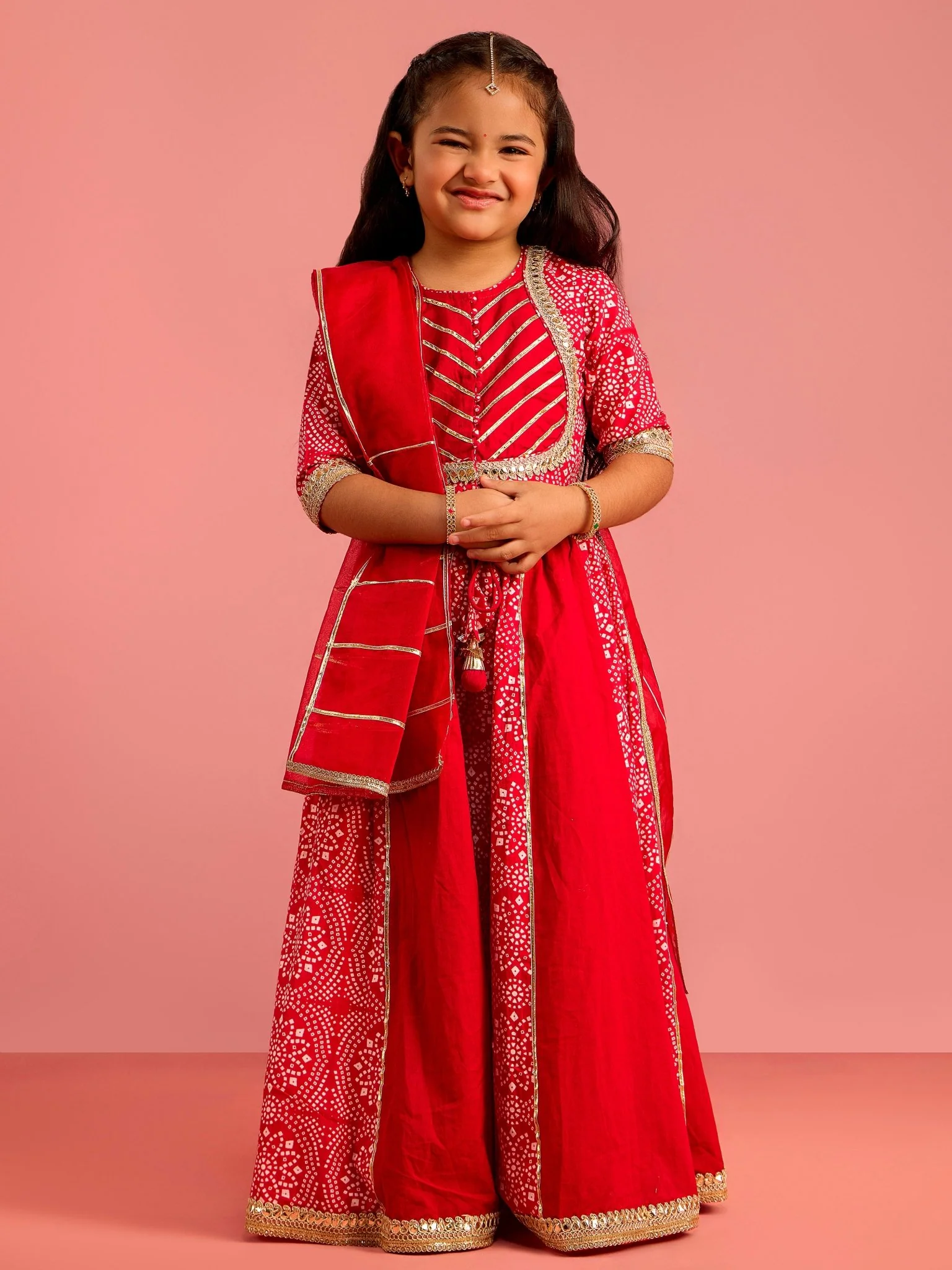 Girls Ethnic Cotton Cambric Red Bandhani Printed Lehenga Choli Set with Organza Dupatta - Image 3