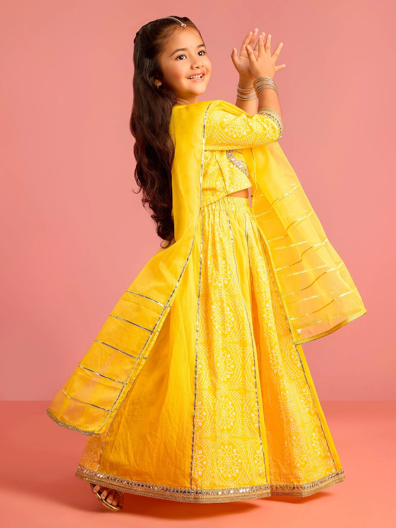 Girls Ethnic Cotton Cambric Yellow Bandhani Printed Lehenga Choli Set with Organza Dupatta - Image 4