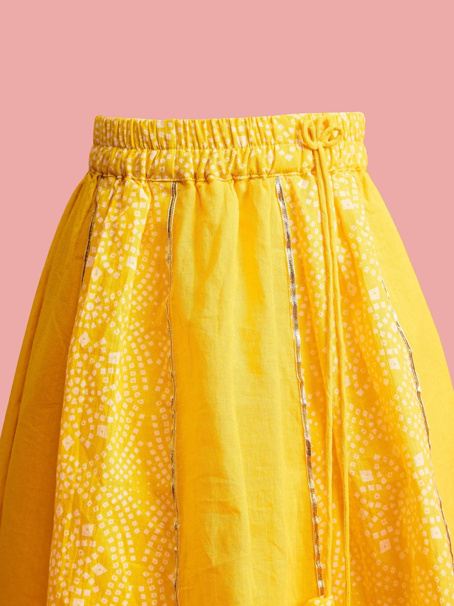 Girls Ethnic Cotton Cambric Yellow Bandhani Printed Lehenga Choli Set with Organza Dupatta - Image 6