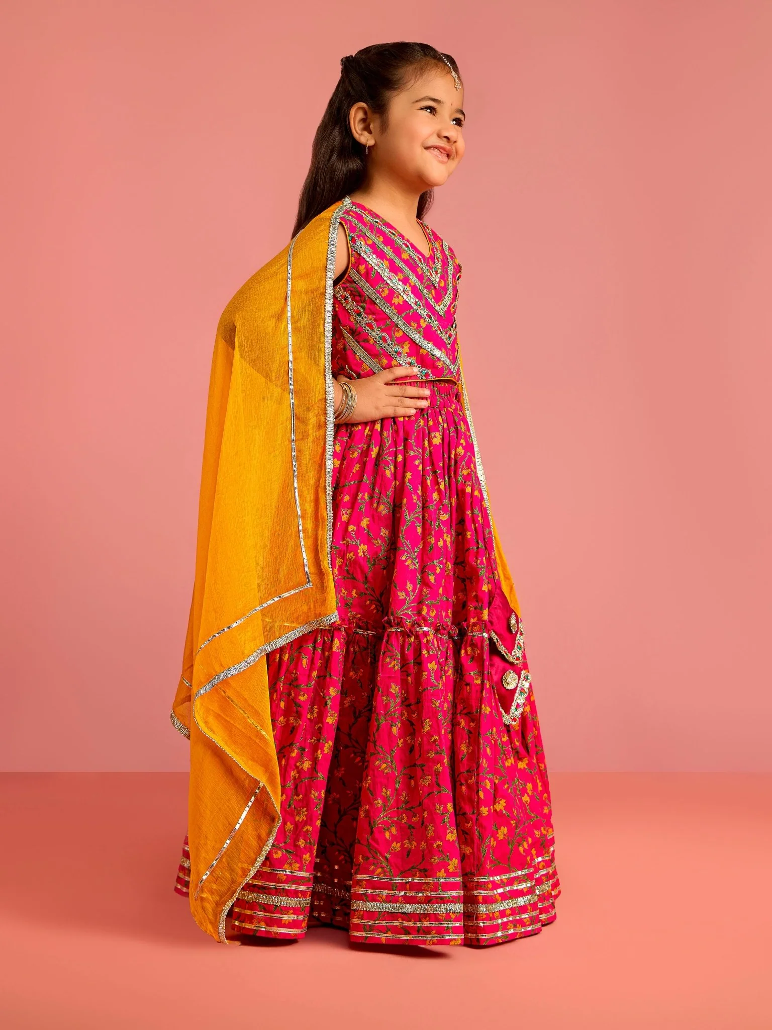 Girls Ethnic Wear Pink Floral Screen Print Cotton Cambric Lehenga Choli Set with Yellow Chiffon Dupatta - Image 4