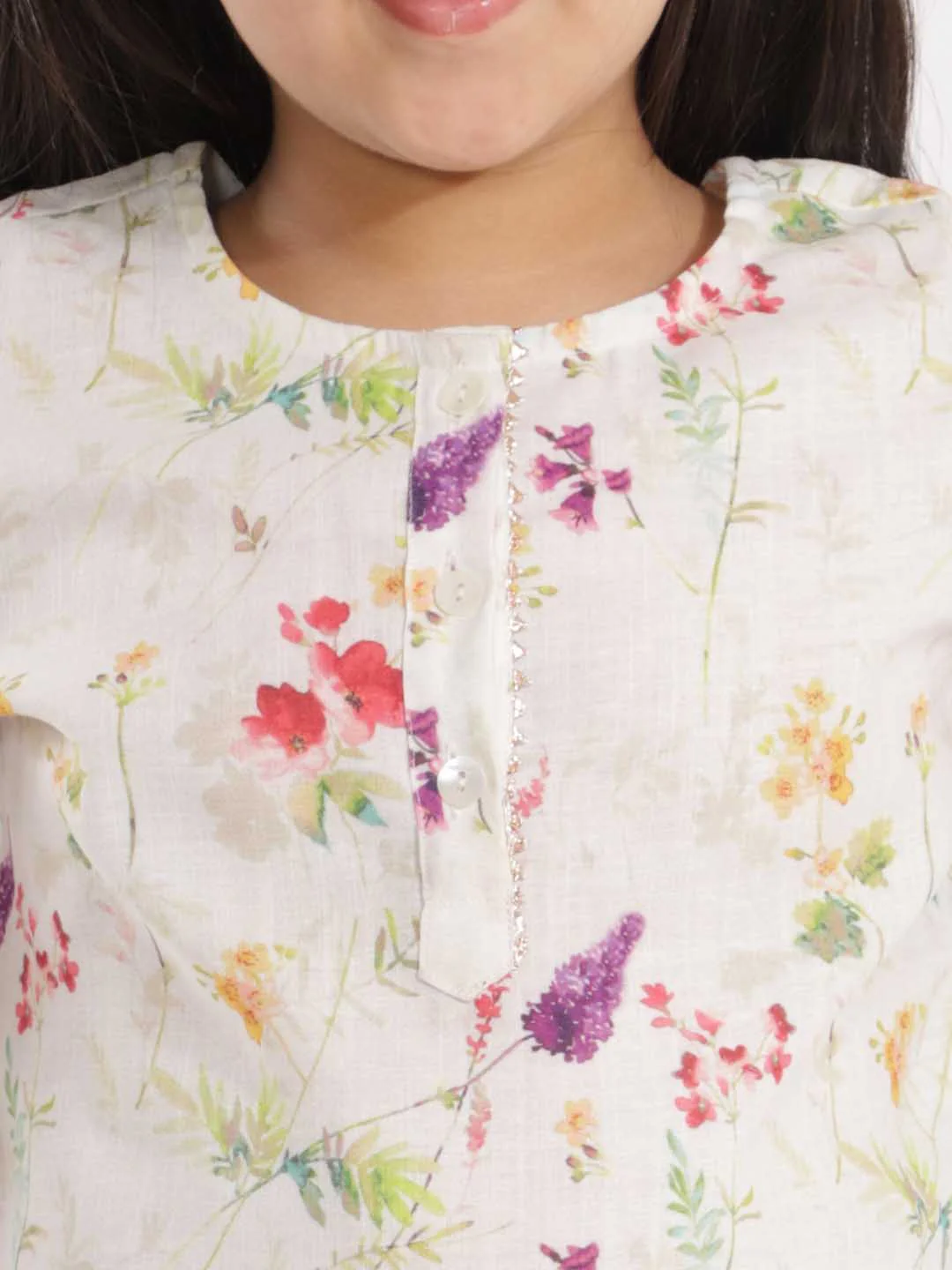 Girl's' Multicolor-Base Cream Kurta Pant Set - Image 5