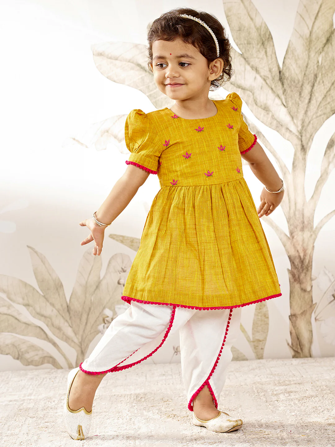 Girl's Mustard Pink Floral Kurta Dhoti Set