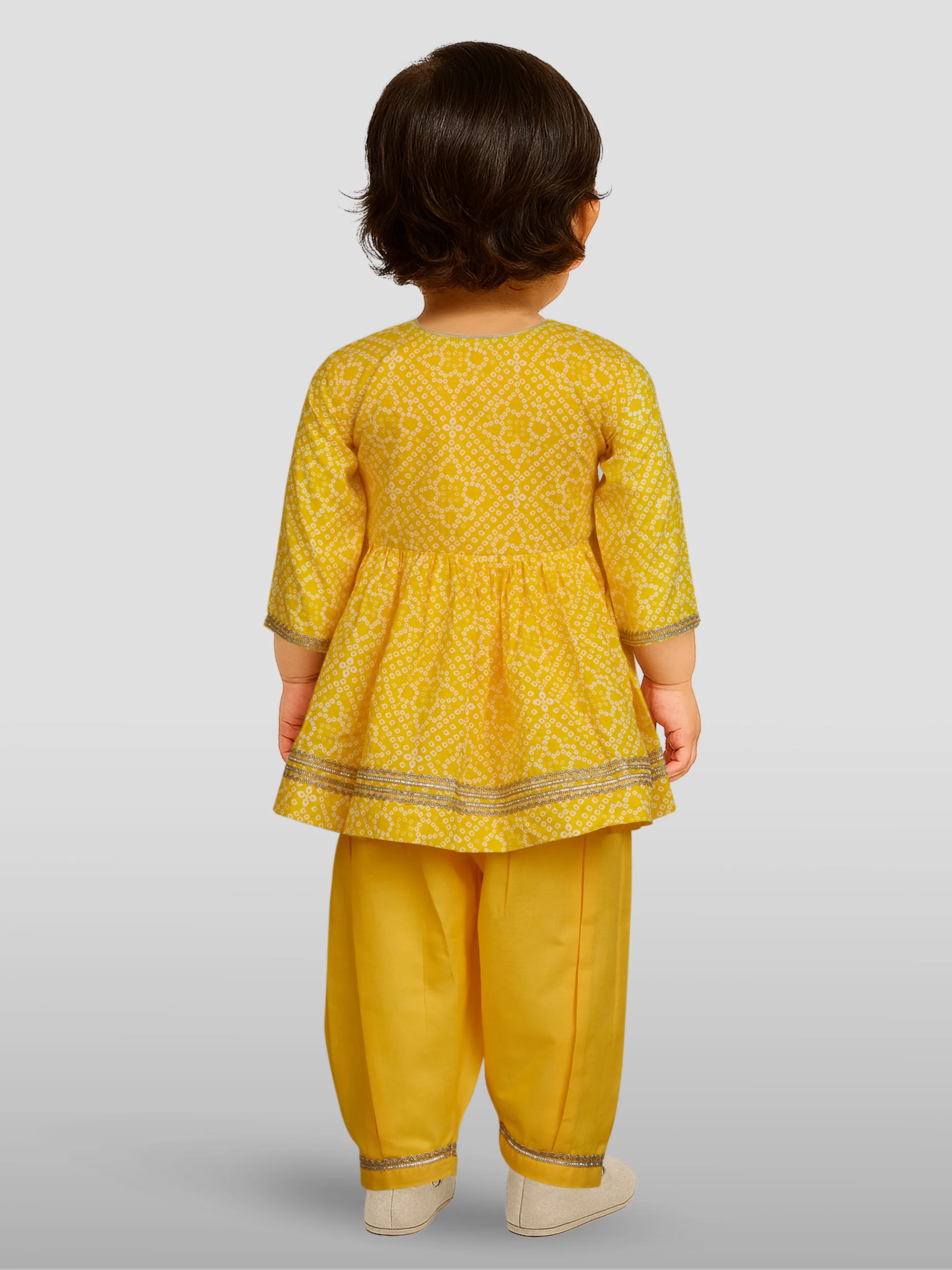 Girls Yellow Cotton Bandhani Kurta Patiala Set with Digital Print - Image 4