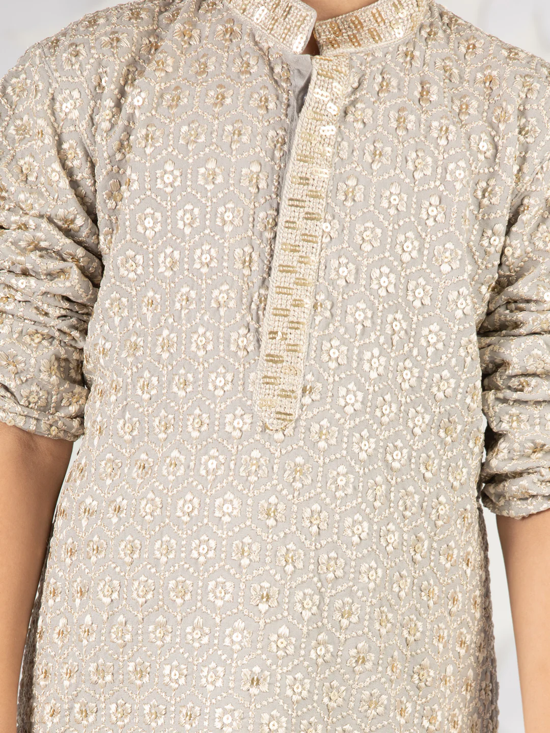 Boy's Grey Kurta Pyjama Set With Sequin Embroidery - Image 2