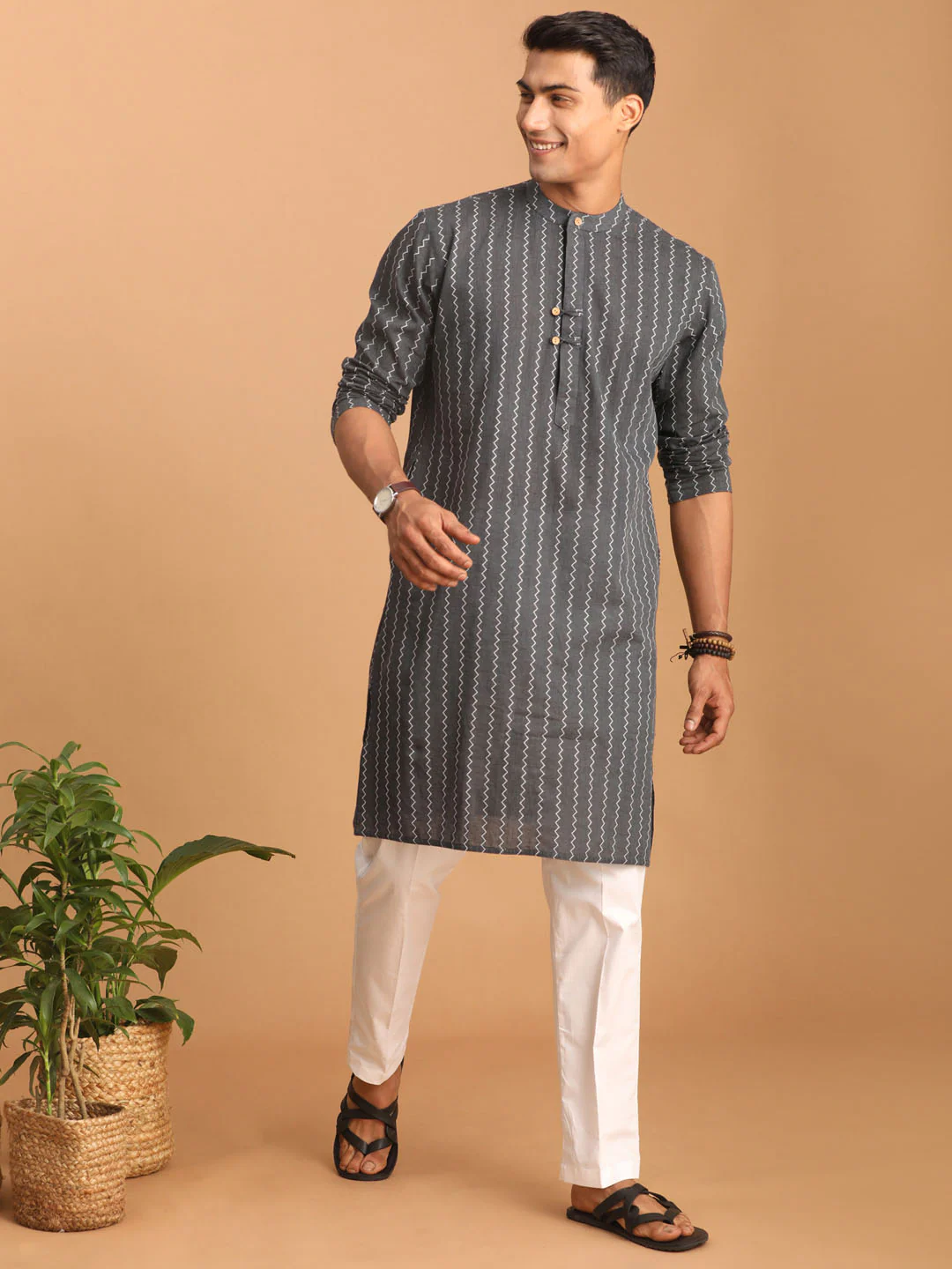 Men's Grey Jacquard Zig Zag Cotton Kurta With Pant Set