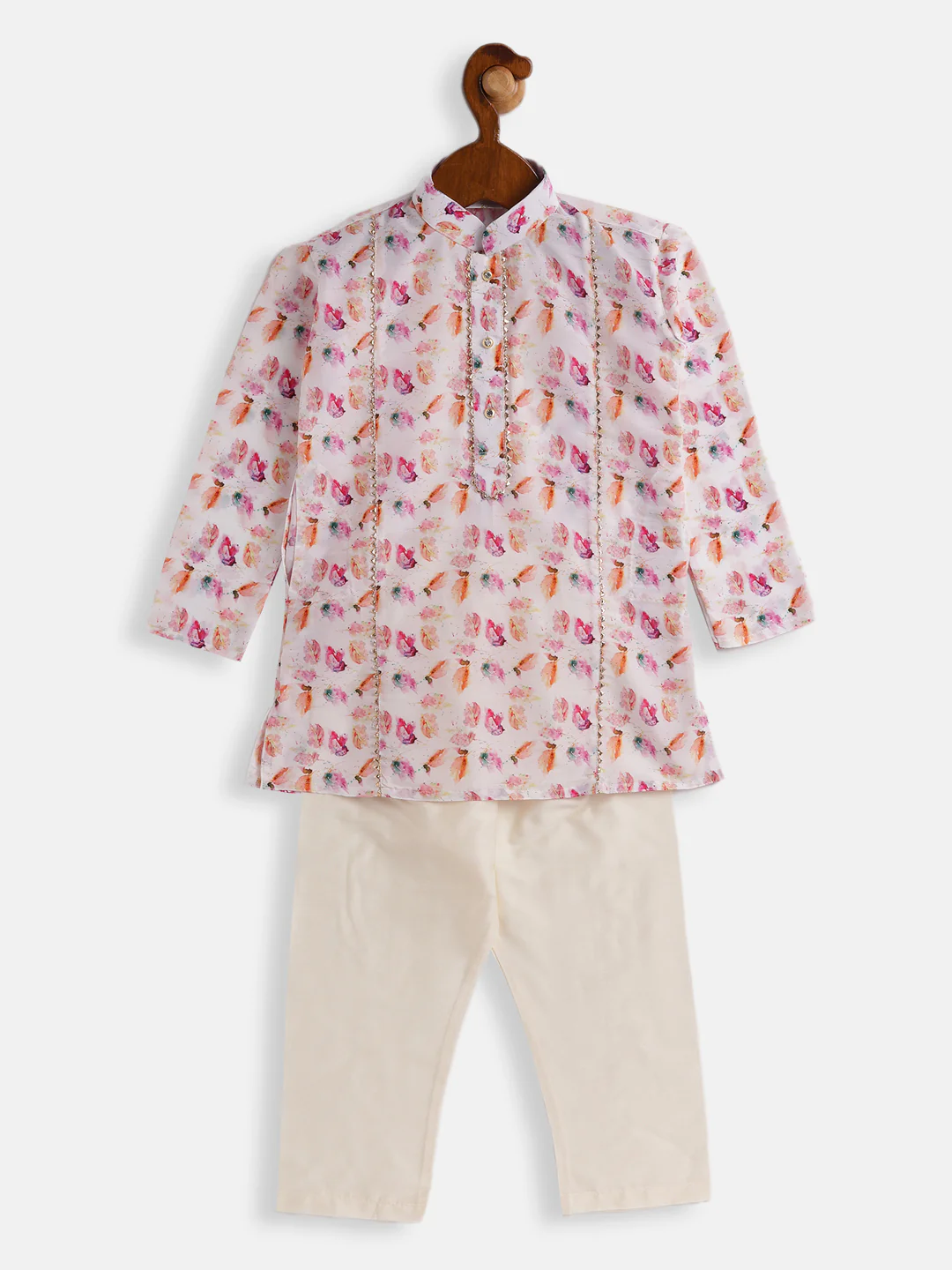 Boy's Multicolor-Base-White Cotton Blend Kurta Pyjama Set - Image 2