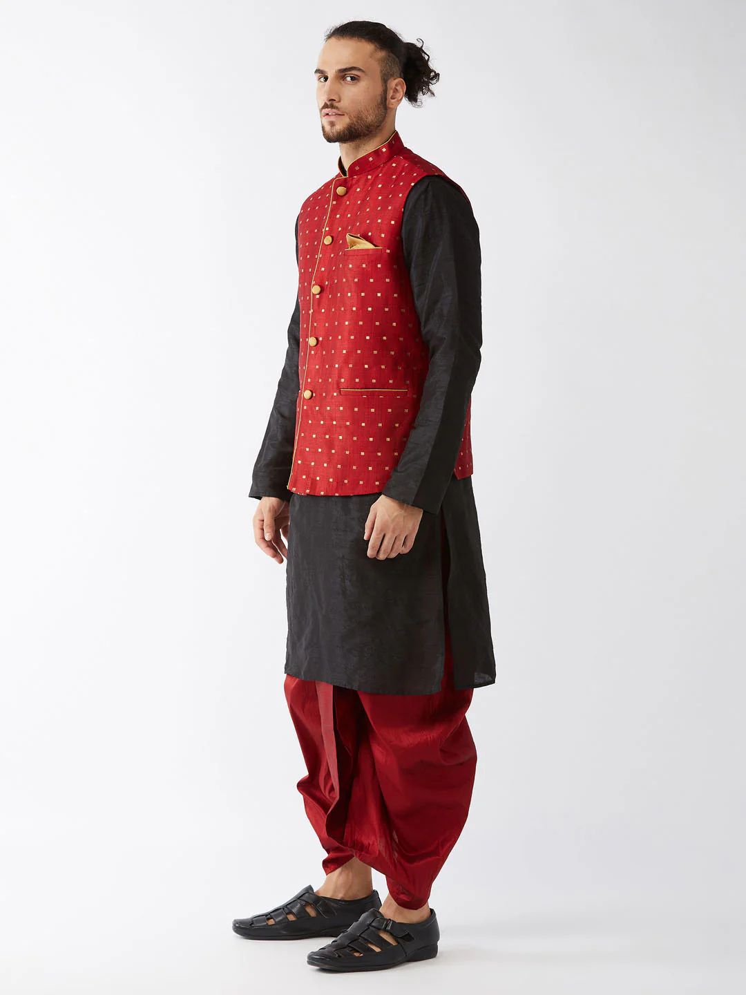 Men's Maroon Zari Weaved Jacket With Kurta Dhoti Set - Image 2