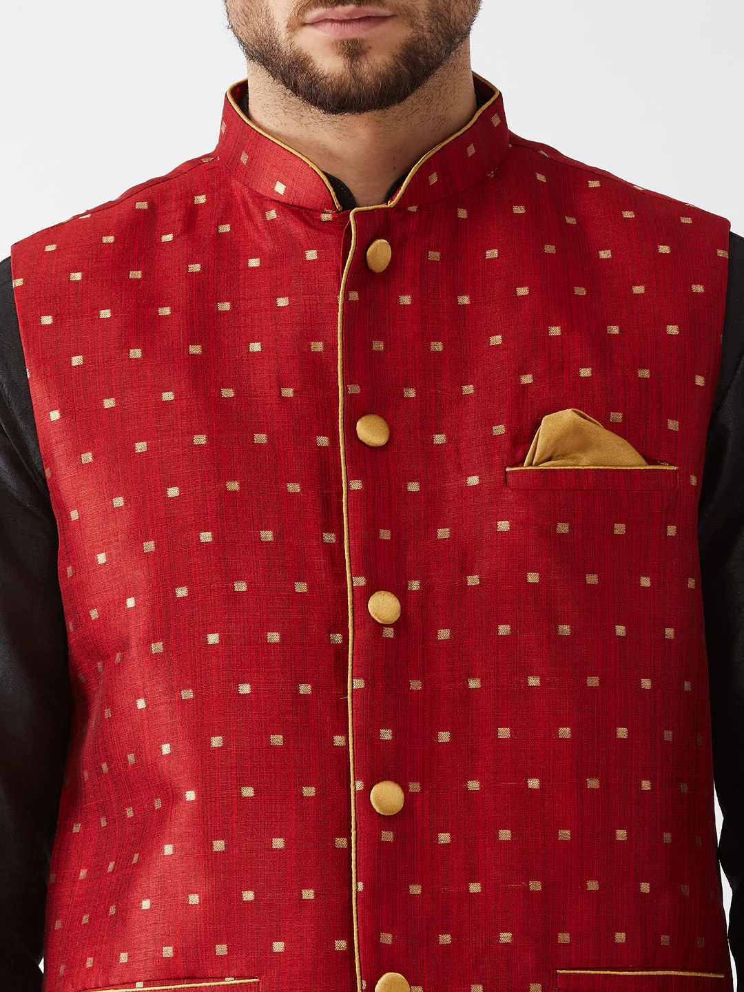 Men's Maroon Zari Weaved Jacket With Kurta Dhoti Set - Image 4
